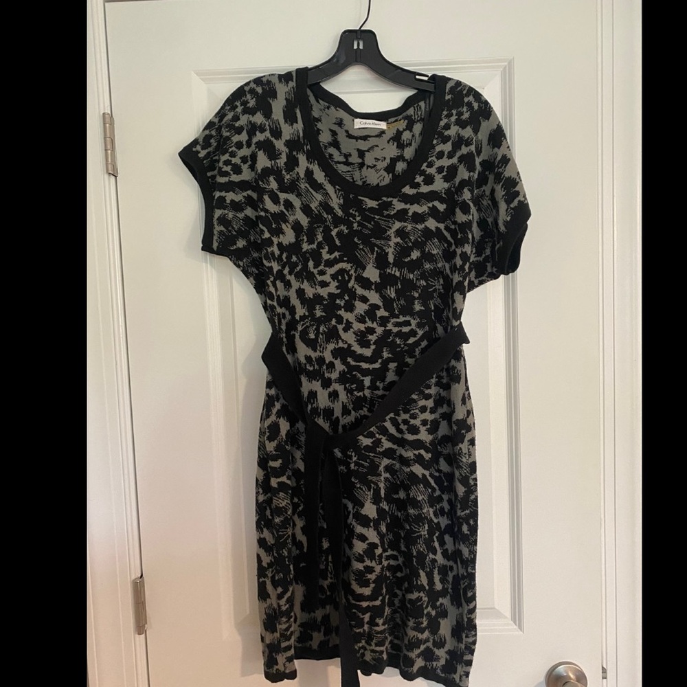 Calvin Klein Knit belted leopard print sweater dress size med